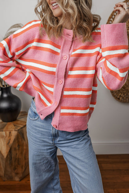 Drop Shoulder Buttons Cardigan Sweater | Pink Stripe