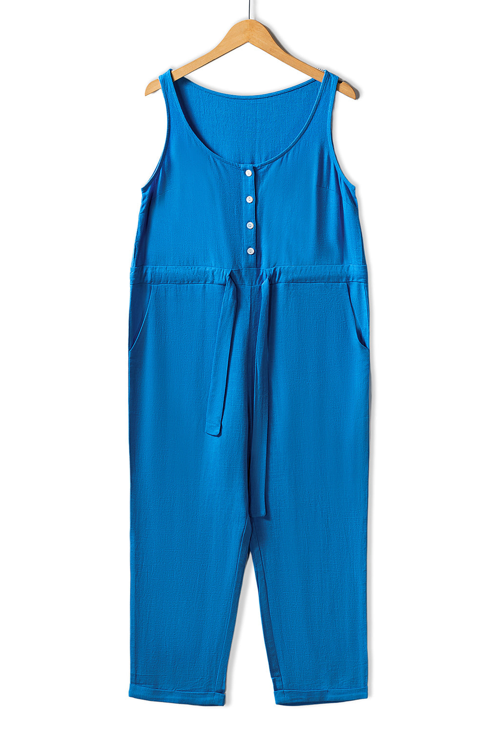 Button Drawstring High Waist Sleeveless Cropped Jumpsuit | Sky Blue