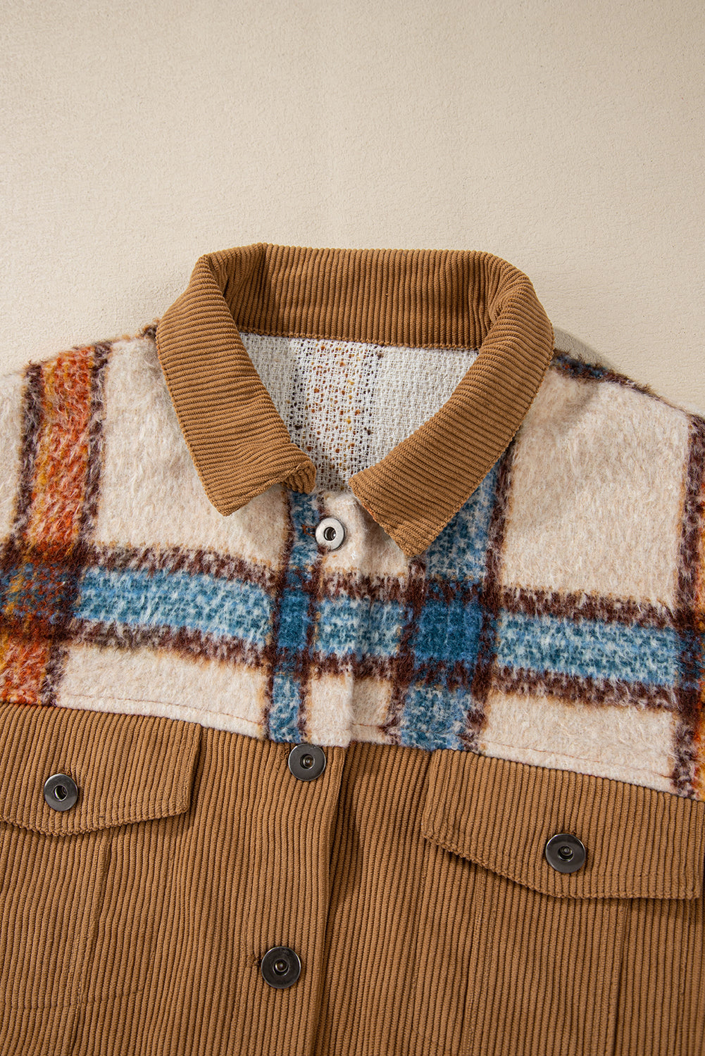 Plaid Corduroy Flap Pockets Boxy Chunky Jacket | Khaki