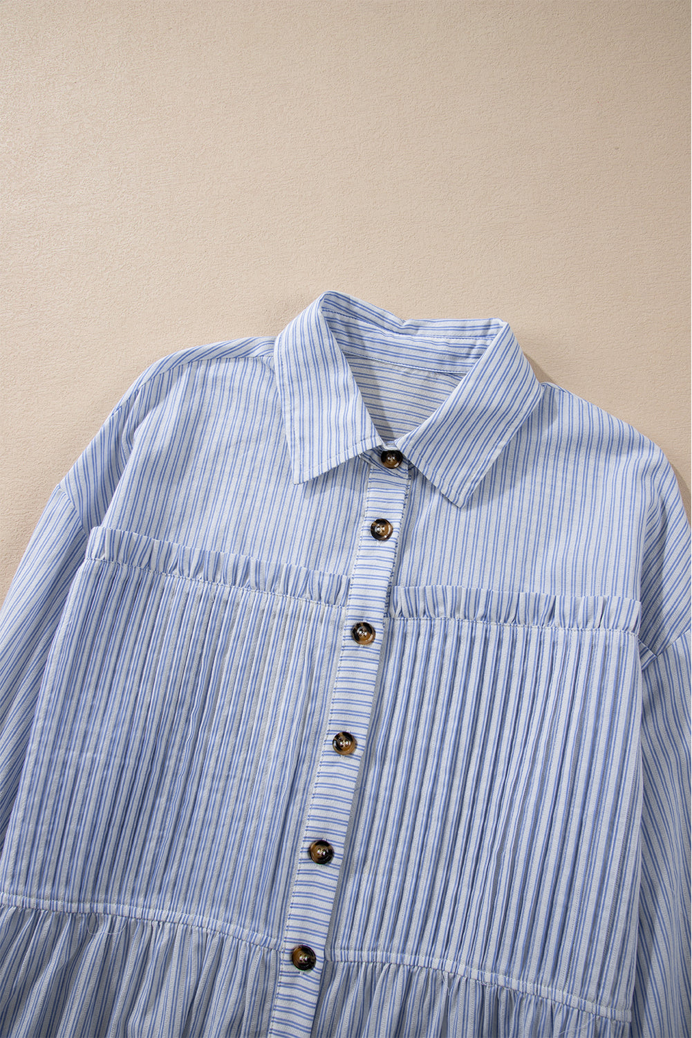 Ruffled Button Up Long Sleeve Shirt | Sky Blue Stripe