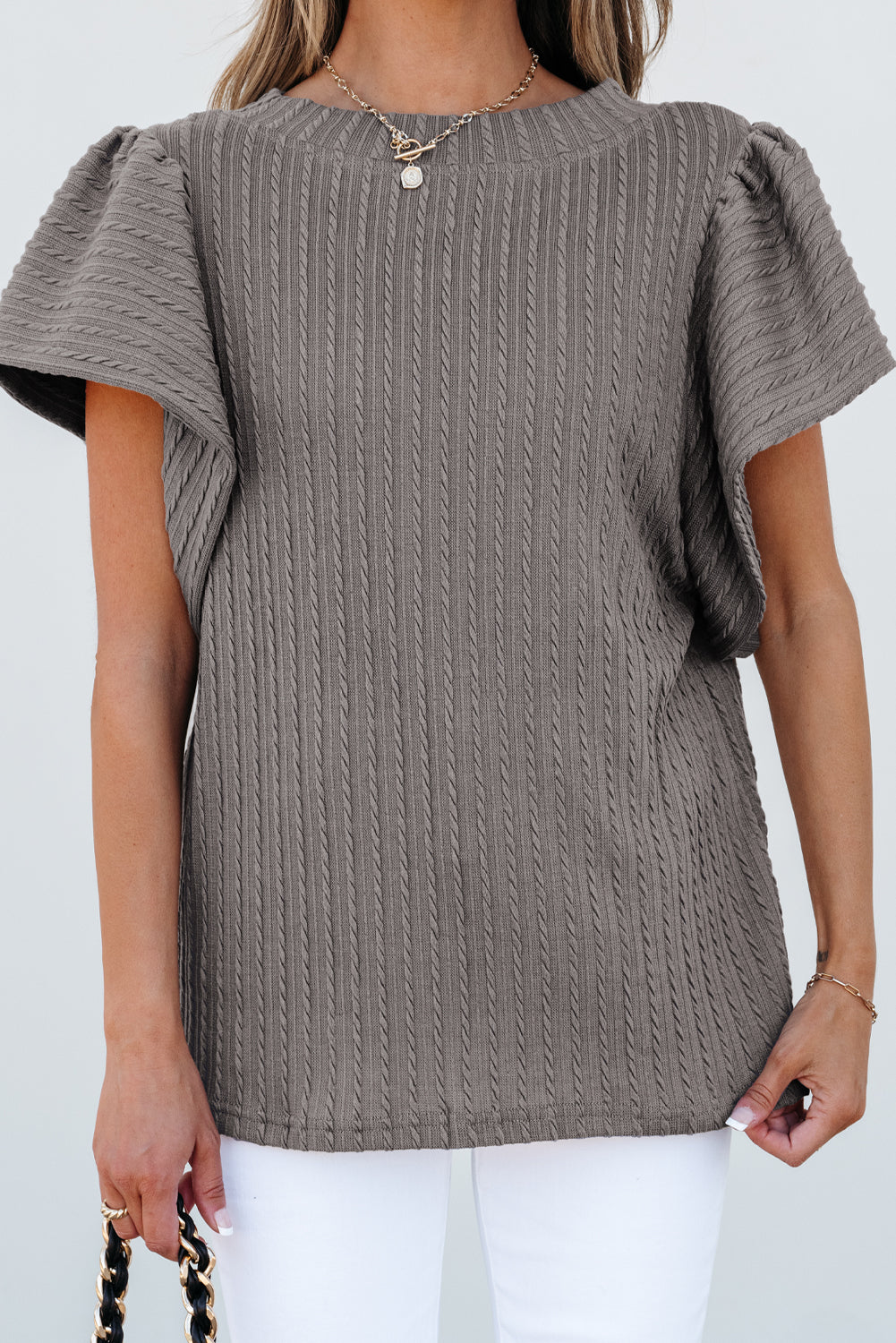 Solid Colour Textured Flutter Sleeve Top | Sleet