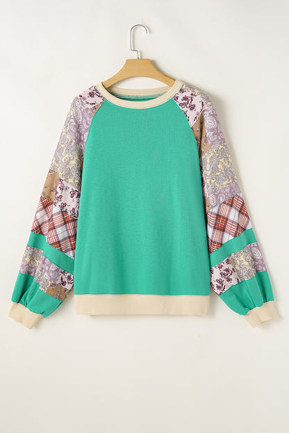 Plus Size Plaid Floral Patchwork Raglan Sleeve Sweatshirt | Sky Blue