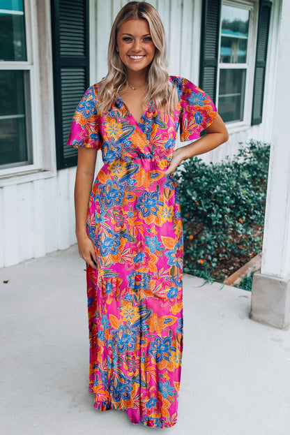 Wrap V Neck Floral Maxi Dress | Rose