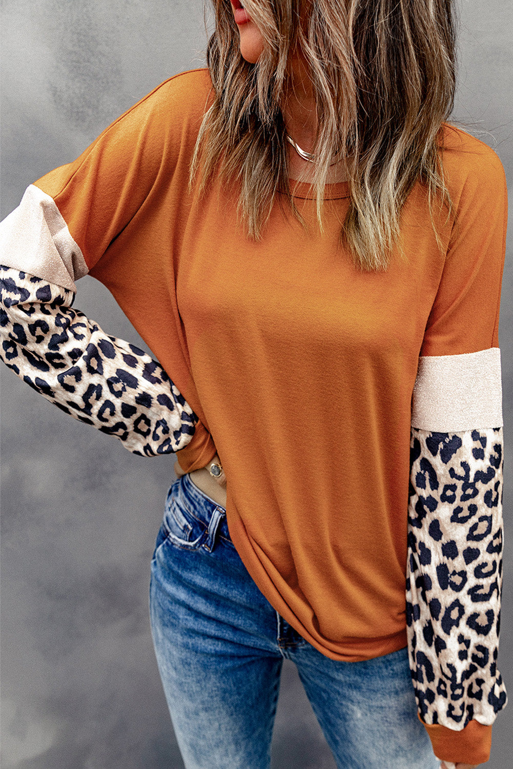 Leopard Sequin Patchwork Long Sleeve Top | Brown