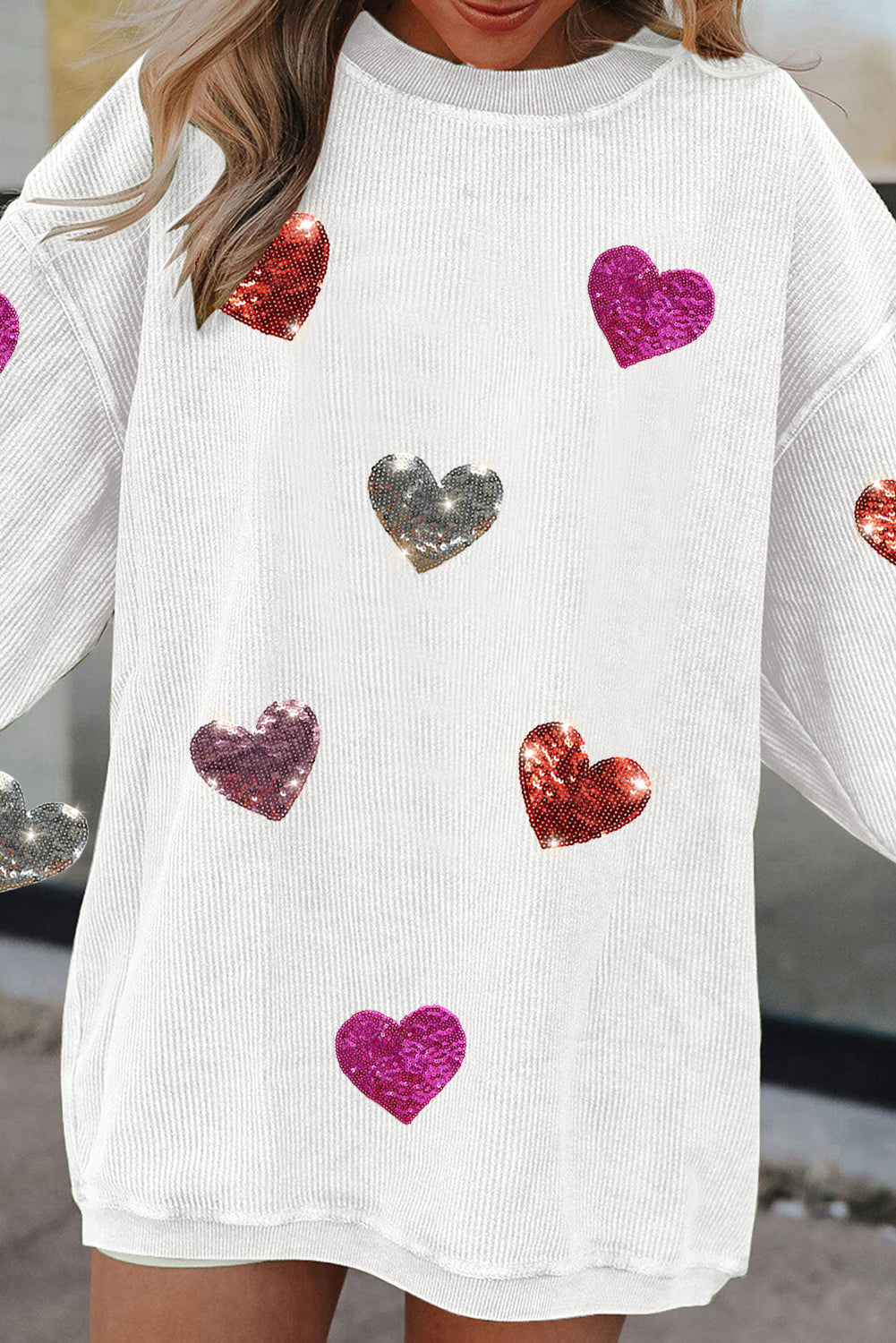 Valentines Heart Patched Pattern Corded Pullover Sweatshirt | White