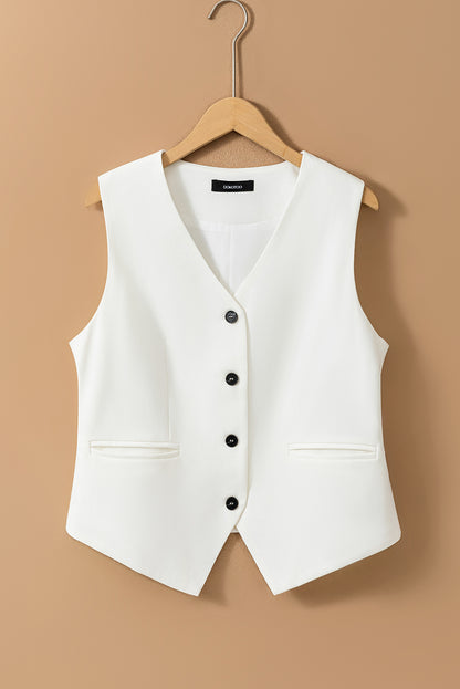 Solid Colour Button Up V Neck Suit Vest | White