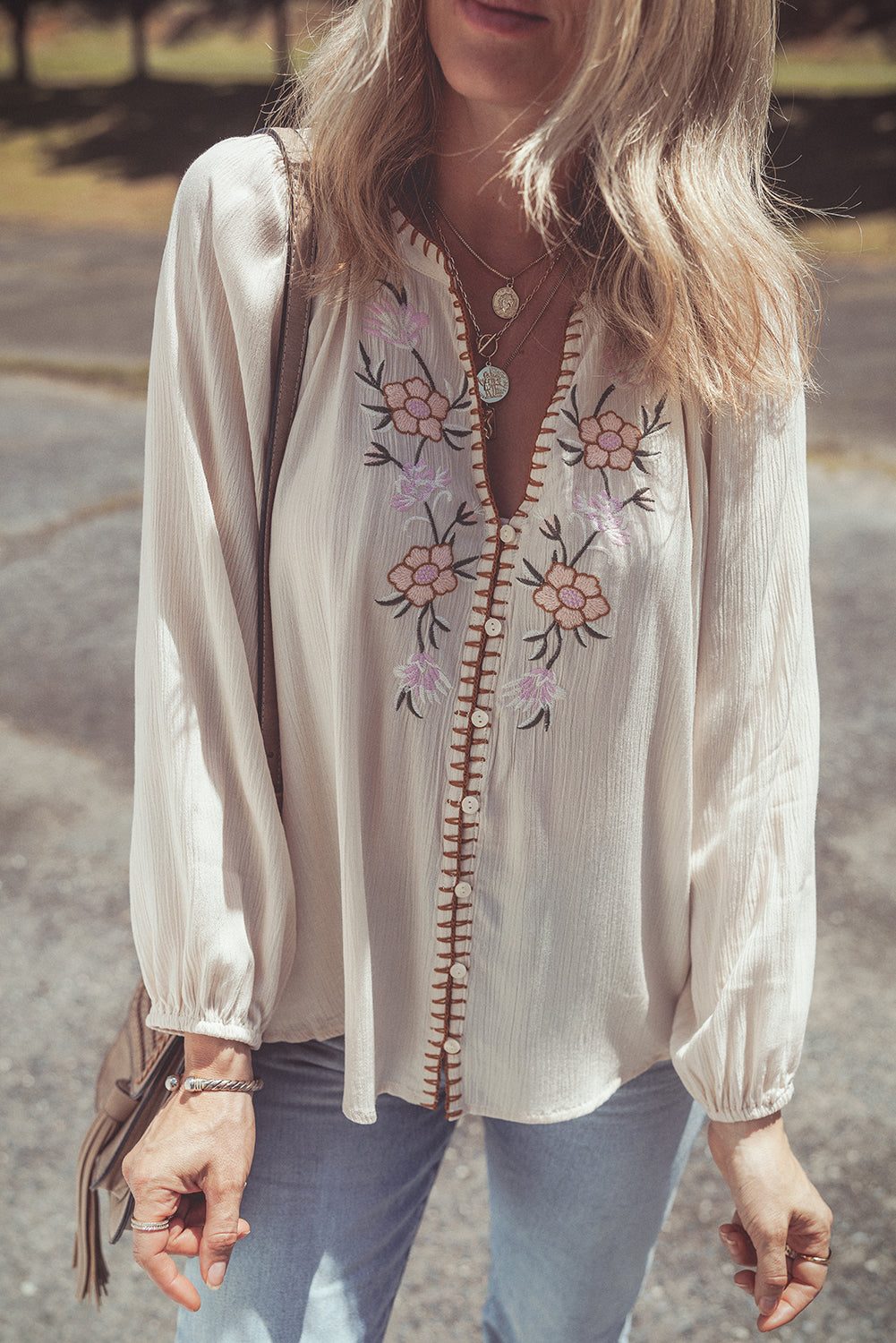 Floral Embroidered Textured Puff Sleeve Loose Shirt | Beige