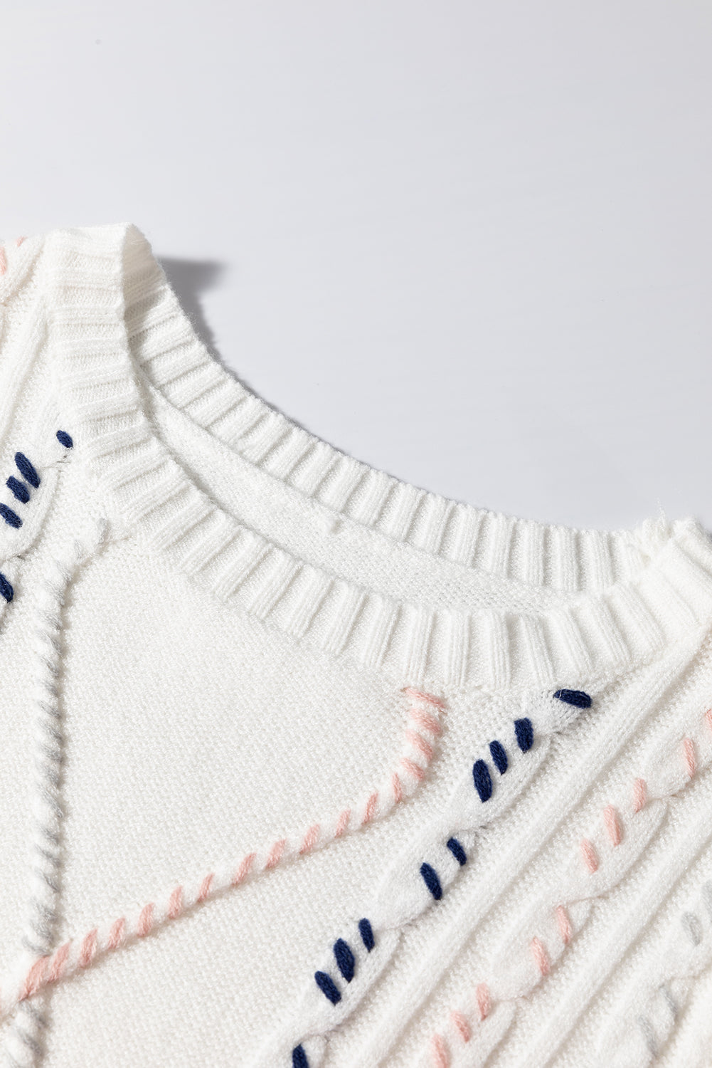 Multicolour Stitch Detail Cable Knit Short Sleeve Sweater | White