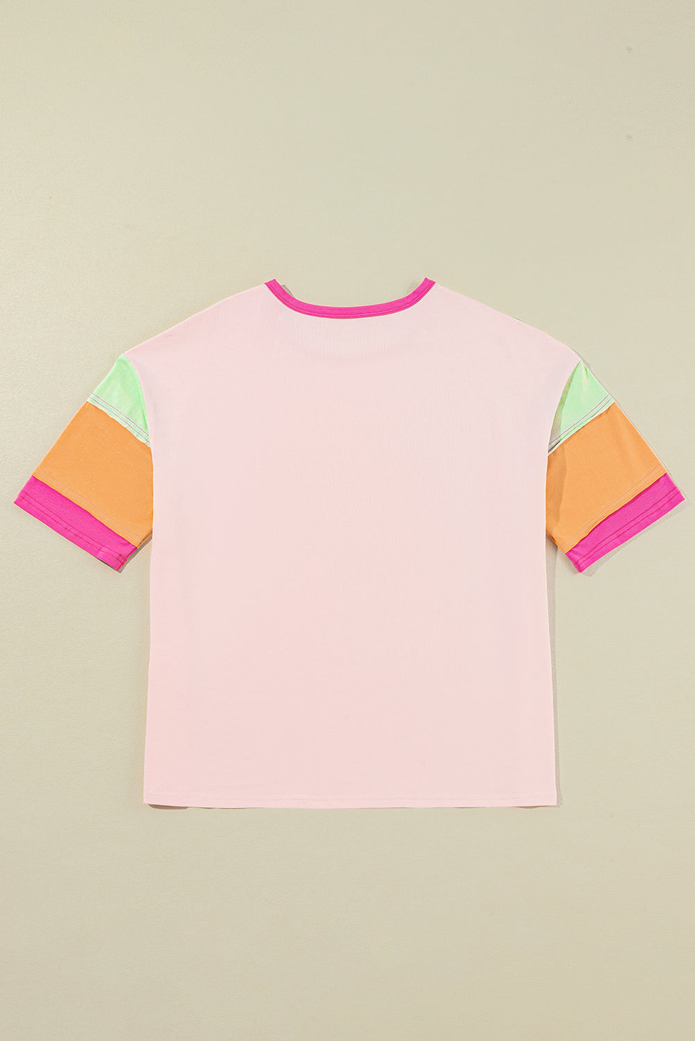 Colour Block Stitching Sleeve Round Neck Oversize Top | Pink