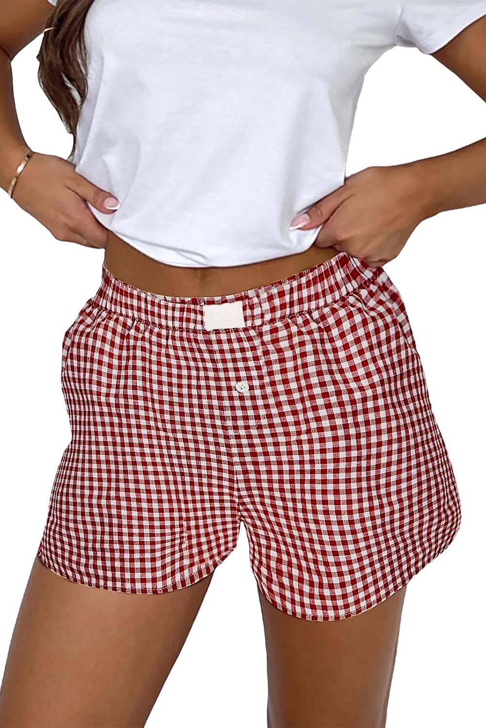 Red Plaid Gingham Printed High Waist Shorts | Red Stripe