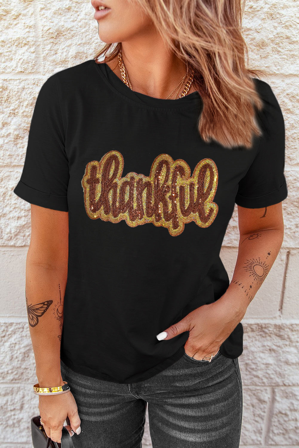 Sequined Thankful Round Neck Graphic Tee | Black