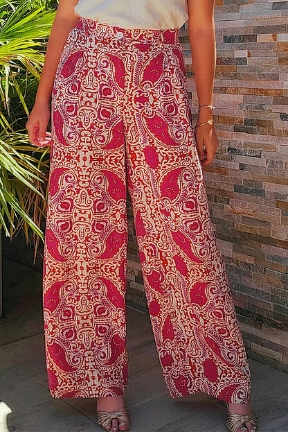 Paisley Printed Buttoned High Waist Straight Leg Pants | Red