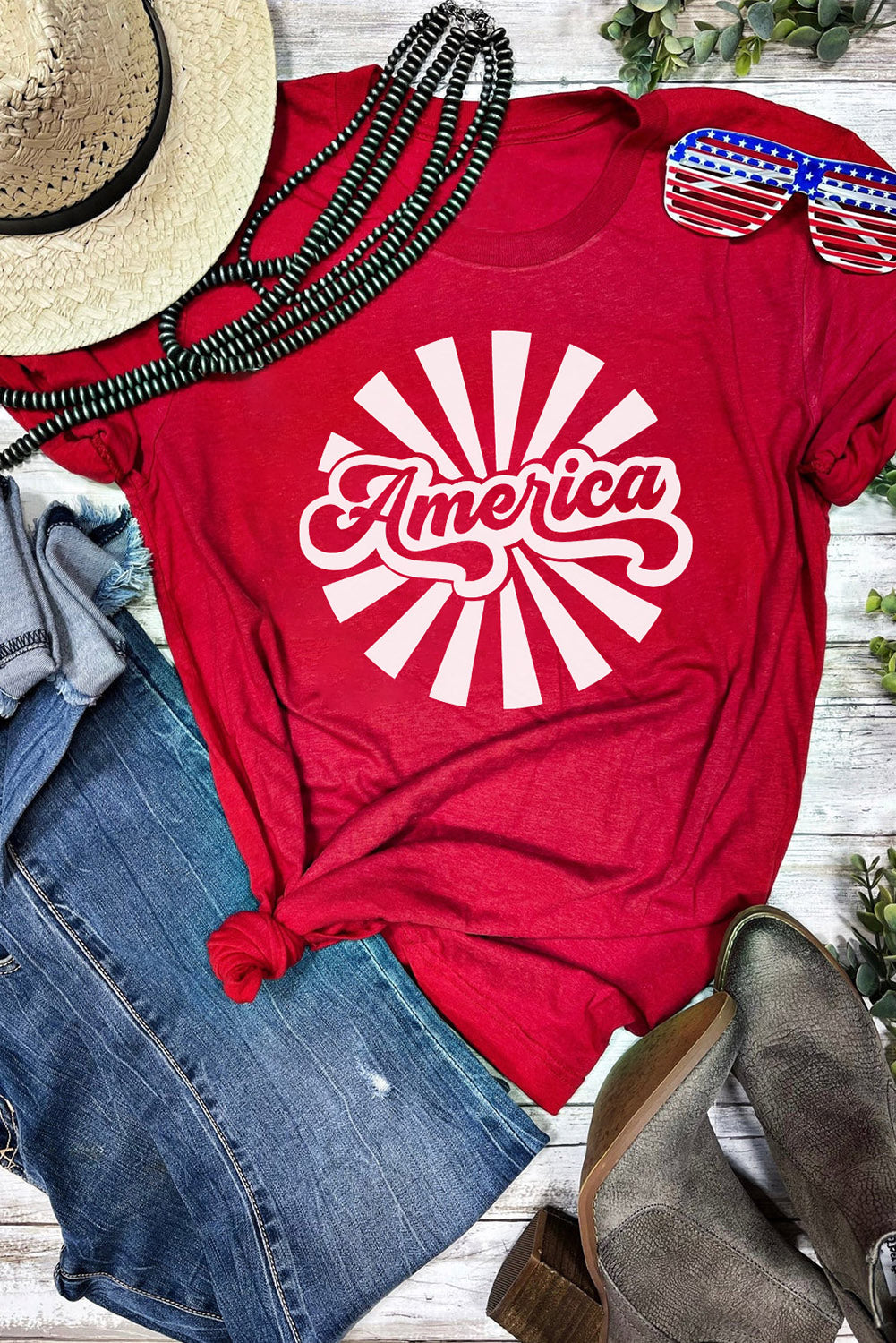 Fiery  America Graphic Print Independence Day T Shirt | Red