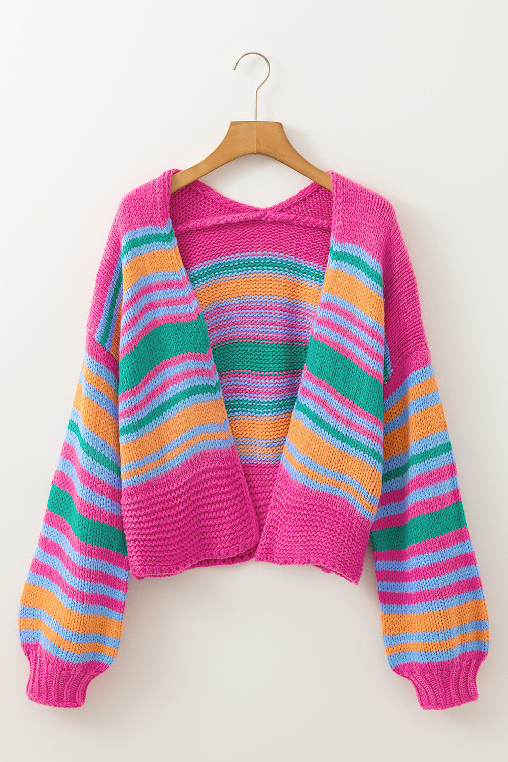 Colourful Puff Sleeve Drop Shoulder Loose Cardigan | Rose Stripe