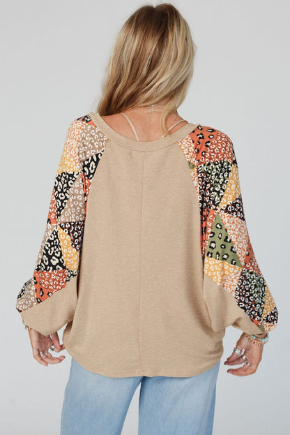 Contrast Printed Raglan Sleeves Patchwork V Neck Loose Top | Parchment