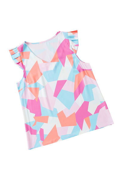 Pastel Geometric Print V-Neck Pleated Cap Sleeve Top | Multicolour