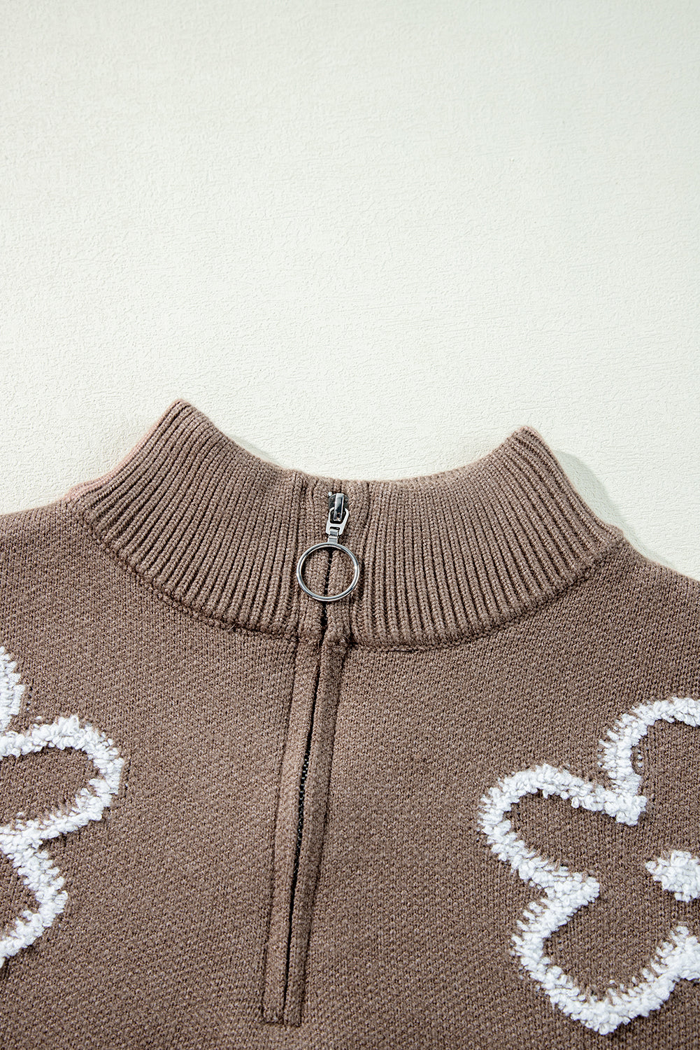 Contrast Flower Half Zipper Stand Neck Sweater | Parchment