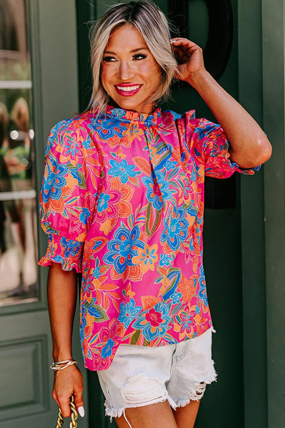 Frilly Mock Neck Short Puff Sleeve Floral Blouse | Rose