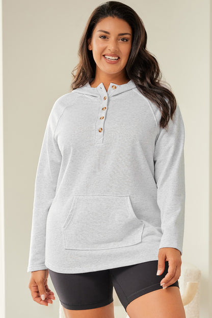 Gray Plus Size Kangaroo Pocket Henley Button Hoodie