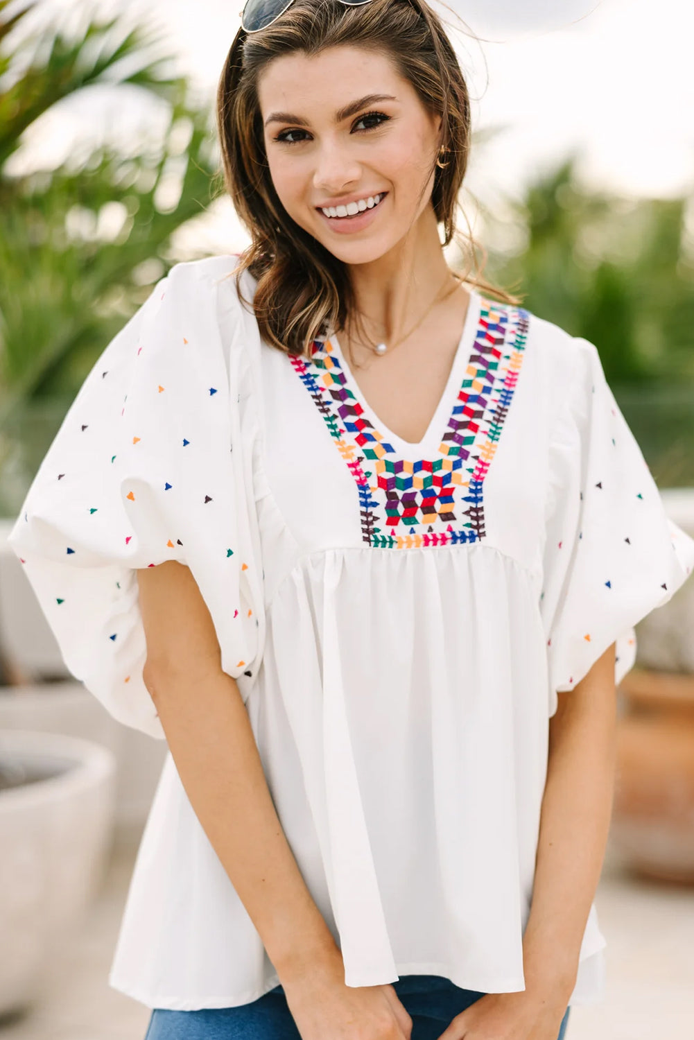 Embroidered Puff Sleeve V Neck Blouse | White