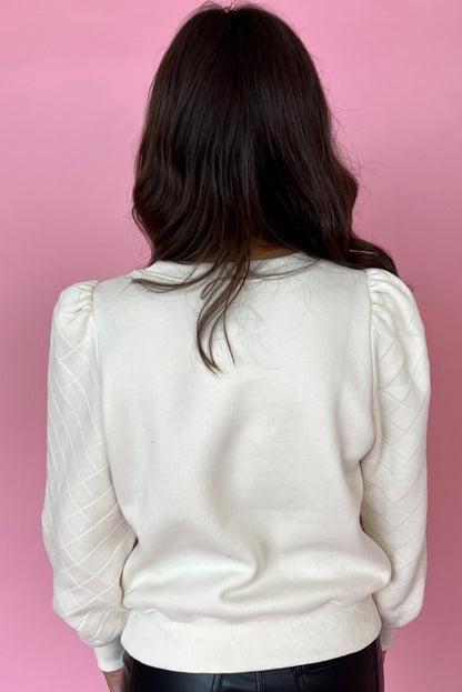 Solid Puff Sleeve Round Neck Pullover Sweatshirt | White