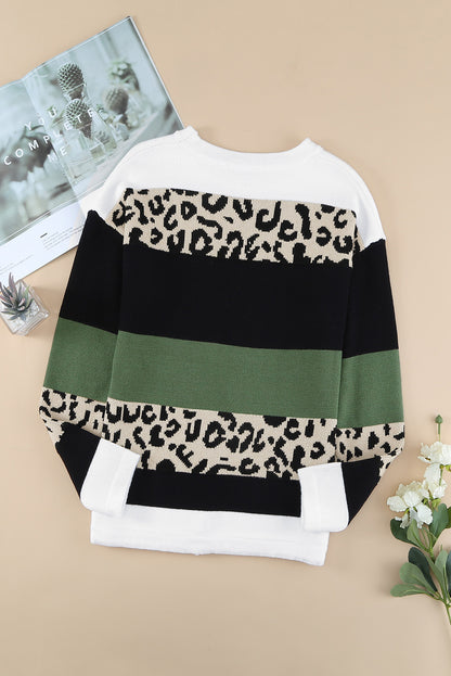 Crewneck Leopard Colour Block Knit Pullover Sweater | Green