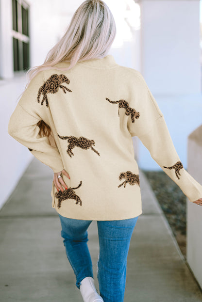 Lively Cheetah Print High Neck Split Hem Sweater | Parchment