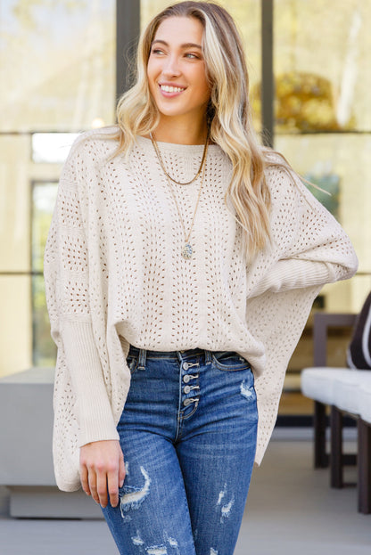 Ribbed Hollow Knit Dolman Sleeve Sweater | Beige