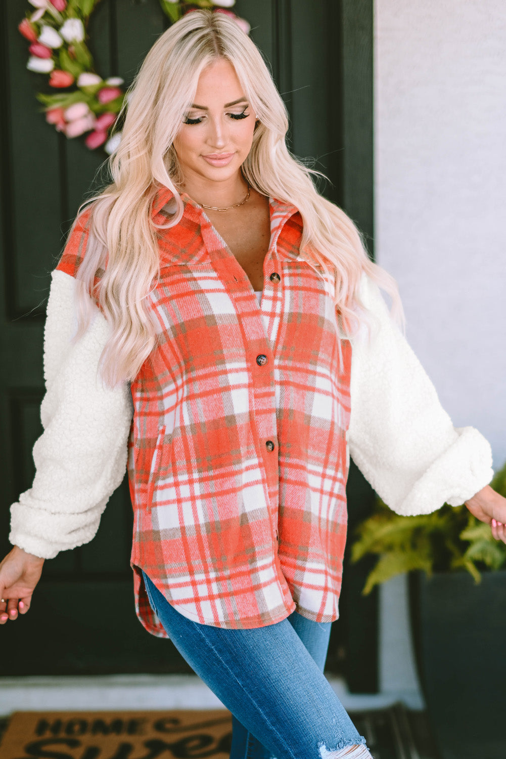 Fiery  Sherpa Sleeve Plaid Print Shacket | Red