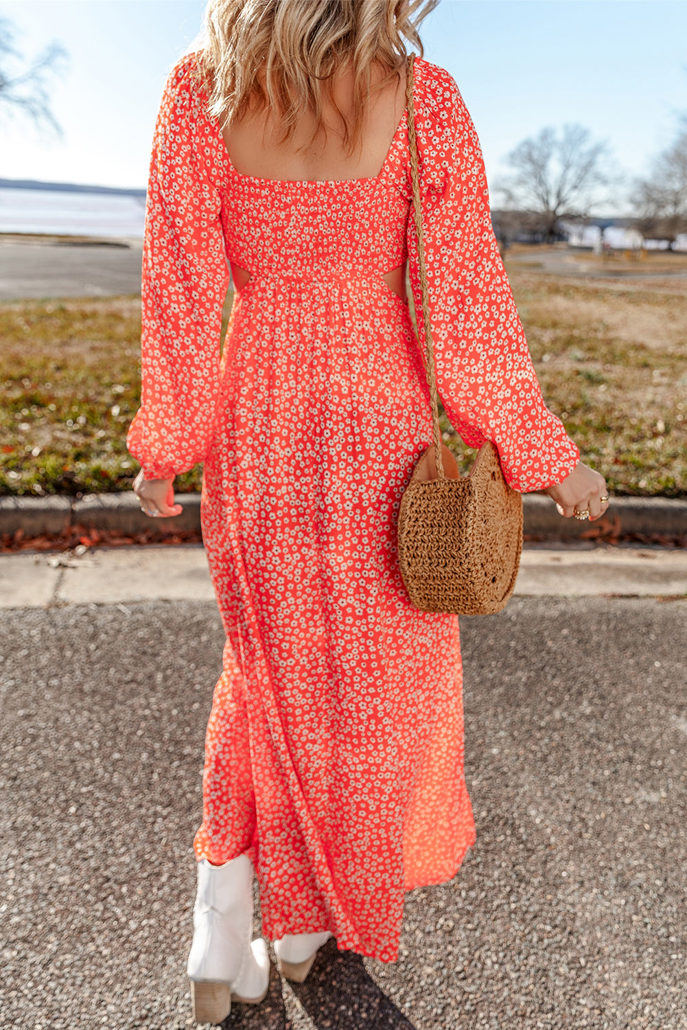 Floral Long Puff Sleeve V Neck Hollow Out Dress | Red