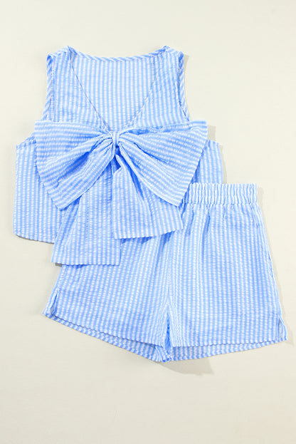 V Neck Bowknot Crop Tank And Shorts Set | Sky Blue Stripe