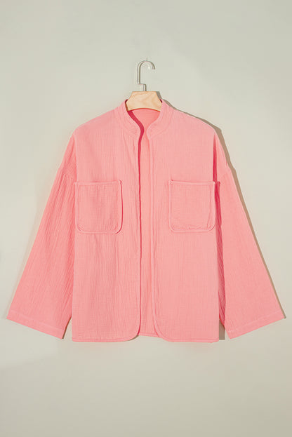 Plus Size Solid Colour Chest Pockets Crinkled Blouse | Flamingo