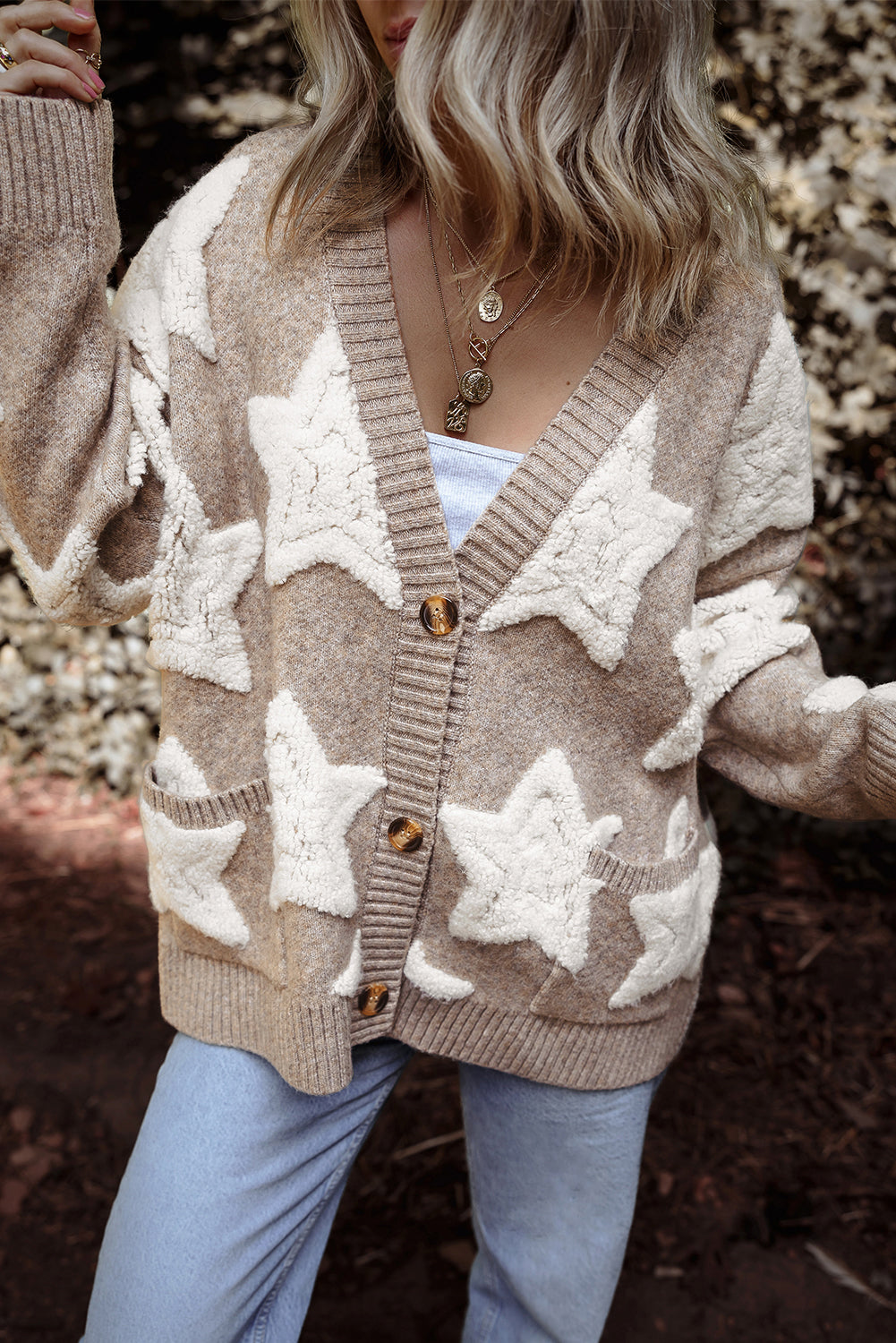 Sherpa Star Pattern Textured Sweater Cardigan With Pockets | Khaki