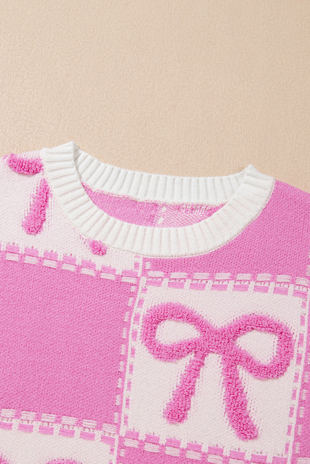 Bow Knot Two Tone Checkered Crew Neck Sweater | Pink