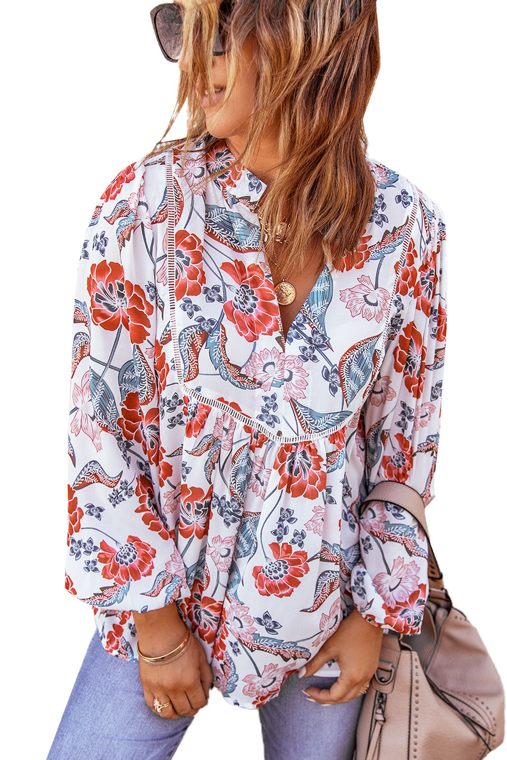 Fiery  Split Neck Bubble Sleeve Floral Patchwork Blouse | Red