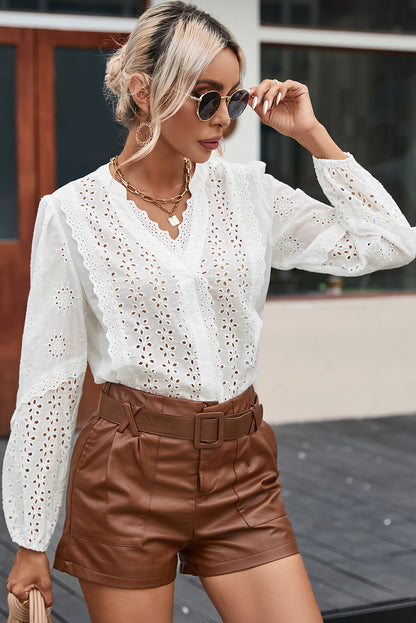 Eyelet Lace Puff Sleeve Split Neck Blouse | White