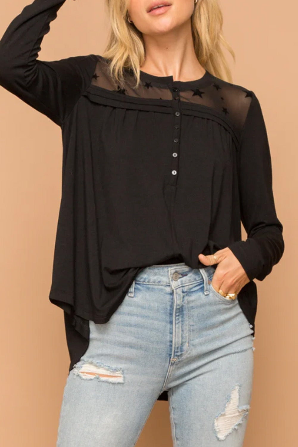 Black Star Mesh Yoke Draped Detail Blouse