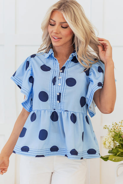 Polka Dot Print Ruffled Short Sleeve Buttoned Collared Blouse | Sky Blue