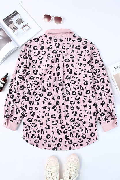 Collared Neckline Flap Pockets Leopard Corduroy Jacket | Pink