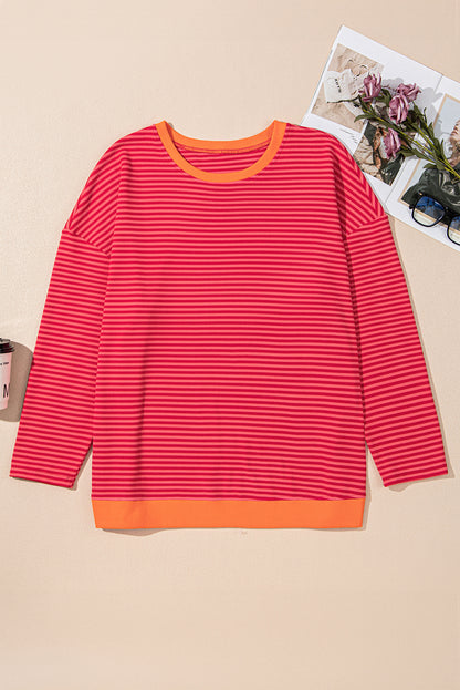 Plus Size Drop Shoulder Long Sleeve Buttoned Decor Top | Orange Stripe