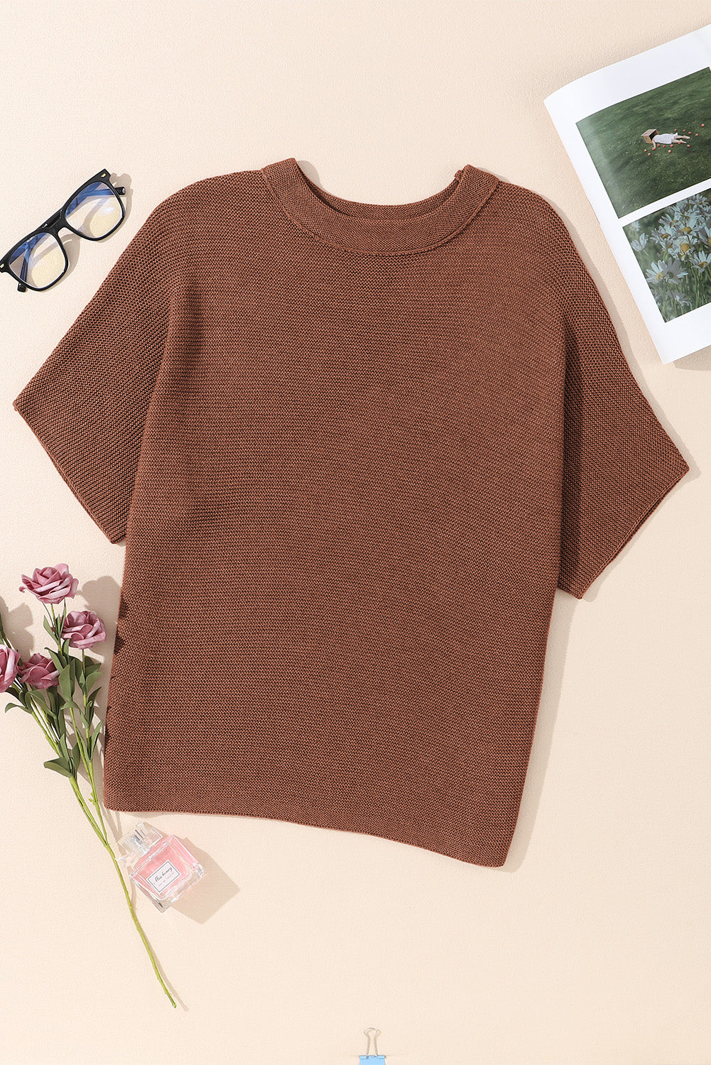 High Neck Short Bat Sleeve Sweater | Coffee