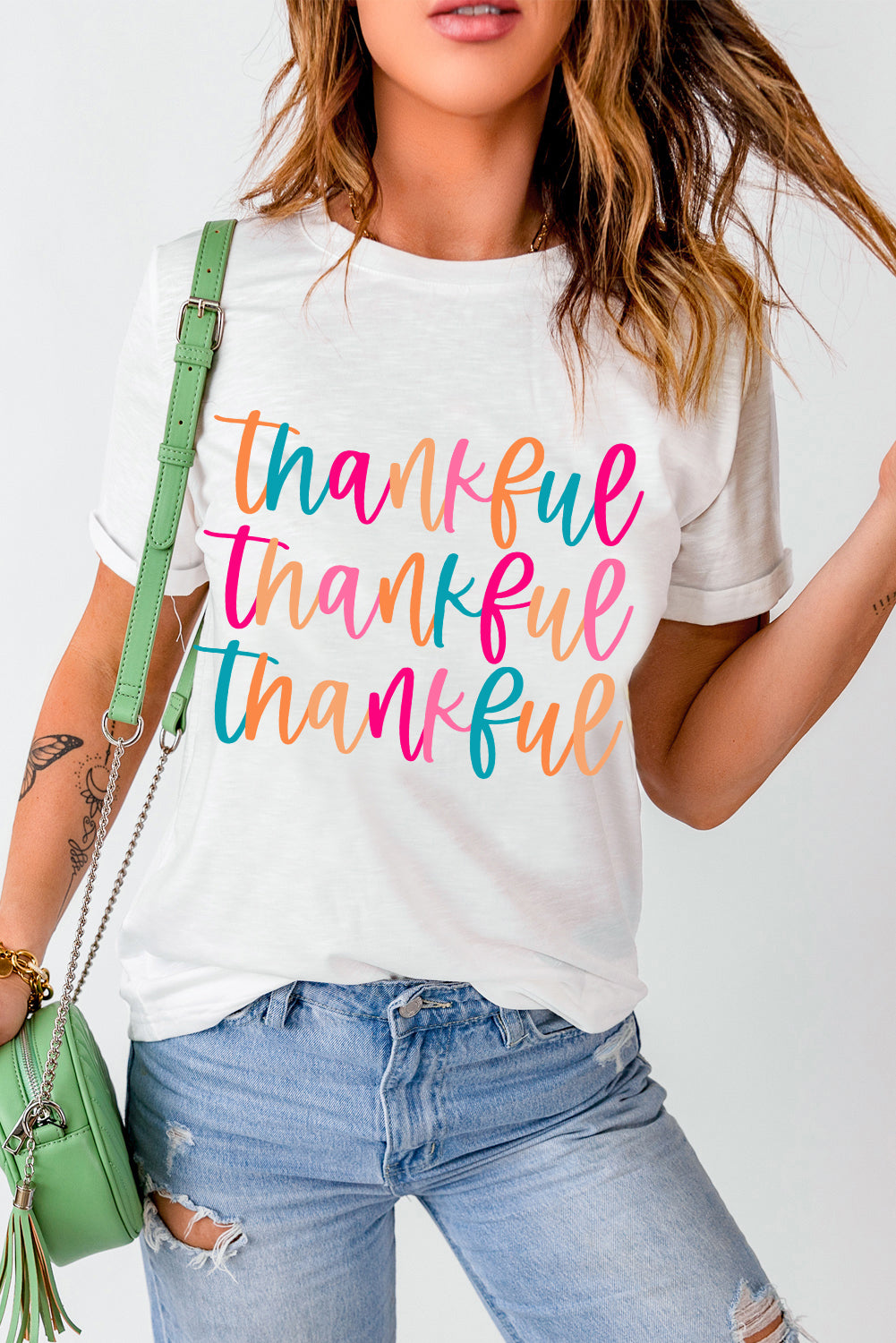 Thankful Printed Crewneck Thanksgiving T Shirt | White