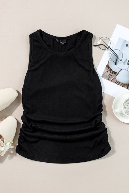 Plain Ruched Side Slim Tank Top | Black