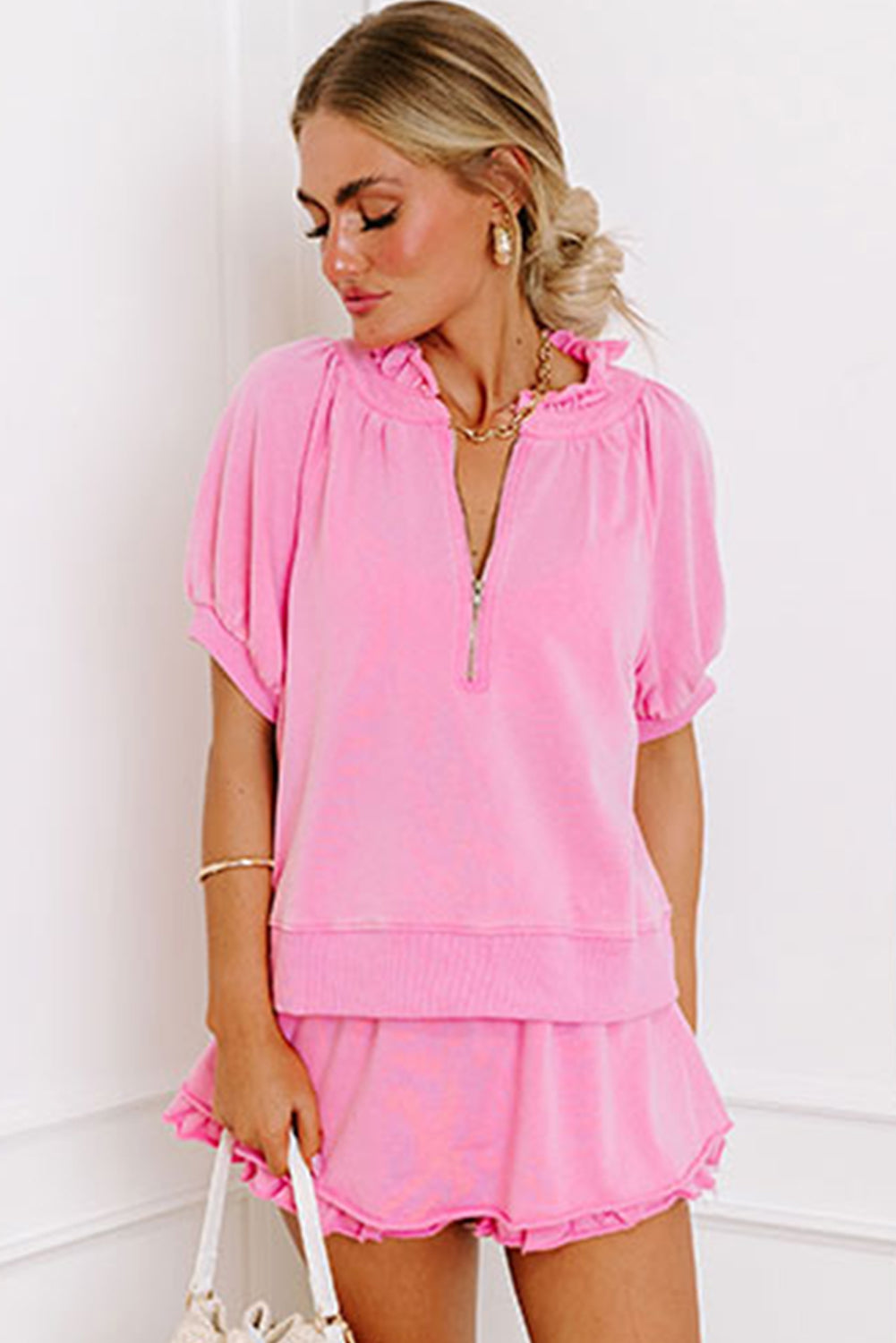 Half Zip Puff Sleeve Top And Ruffled Shorts Set | Pink