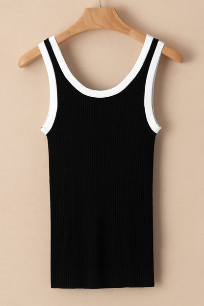 Colourblock Edge Ribbed Knit U Neck Tank Top | Black