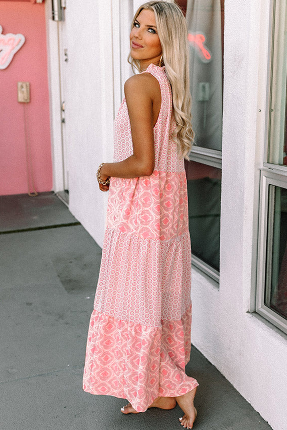 Abstract Print Split Neck Sleeveless Maxi Dress | Pink