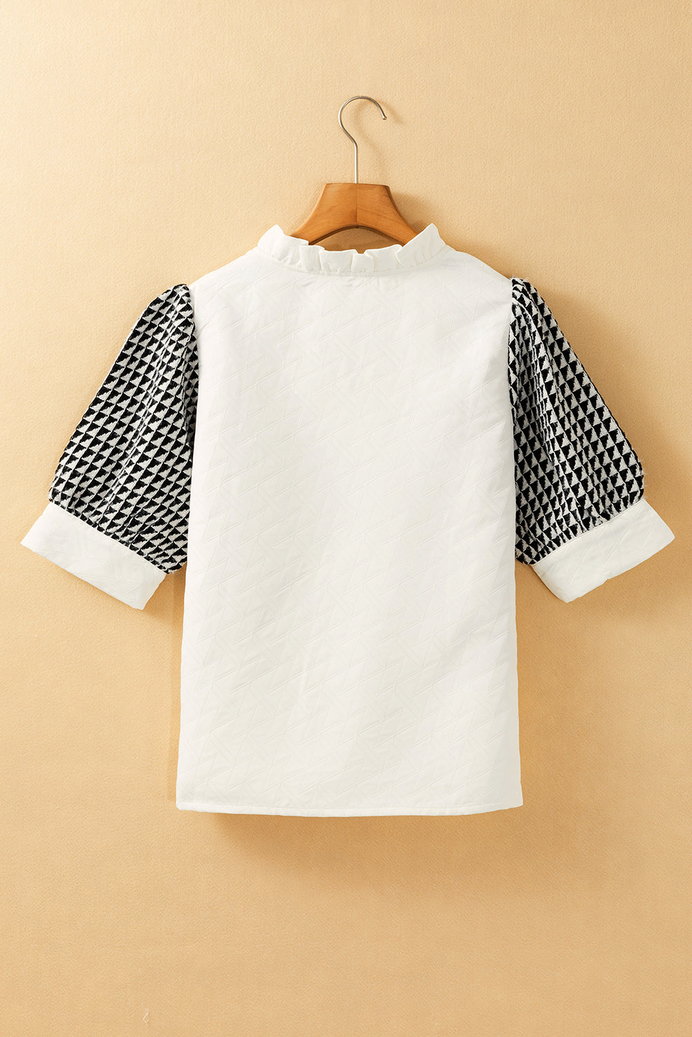 Geometric Textured Short Sleeve Frilly V Neck Blouse | White