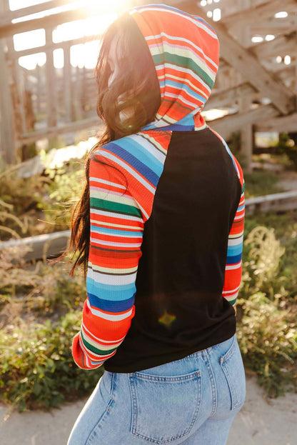 Colourful Striped Patchwork Kangaroo Pocket Hoodie | Multicolour