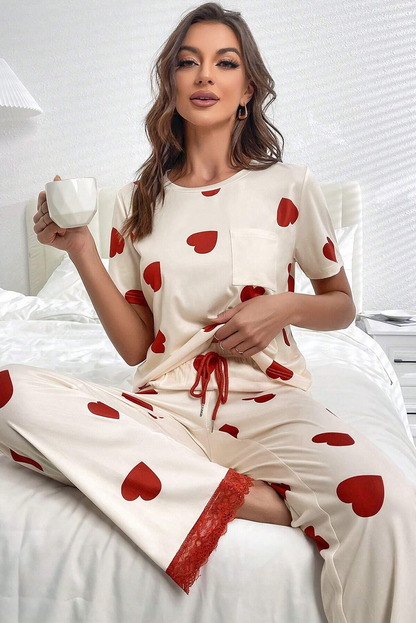 Valentines Heart Print Lace Hem Tee Pants Pajama Set | White