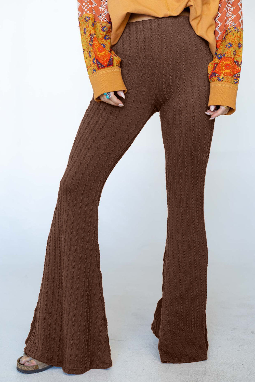 Textured Knit Mid Waist Flare Pants | Coffee